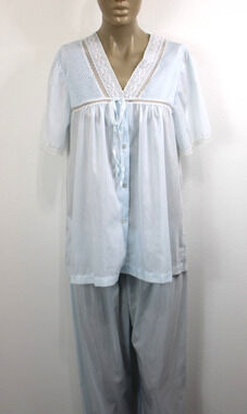 Vintage 70s BARBIZON Pajama Set Top & Pants Sleep Lounge Baby Blue Size M